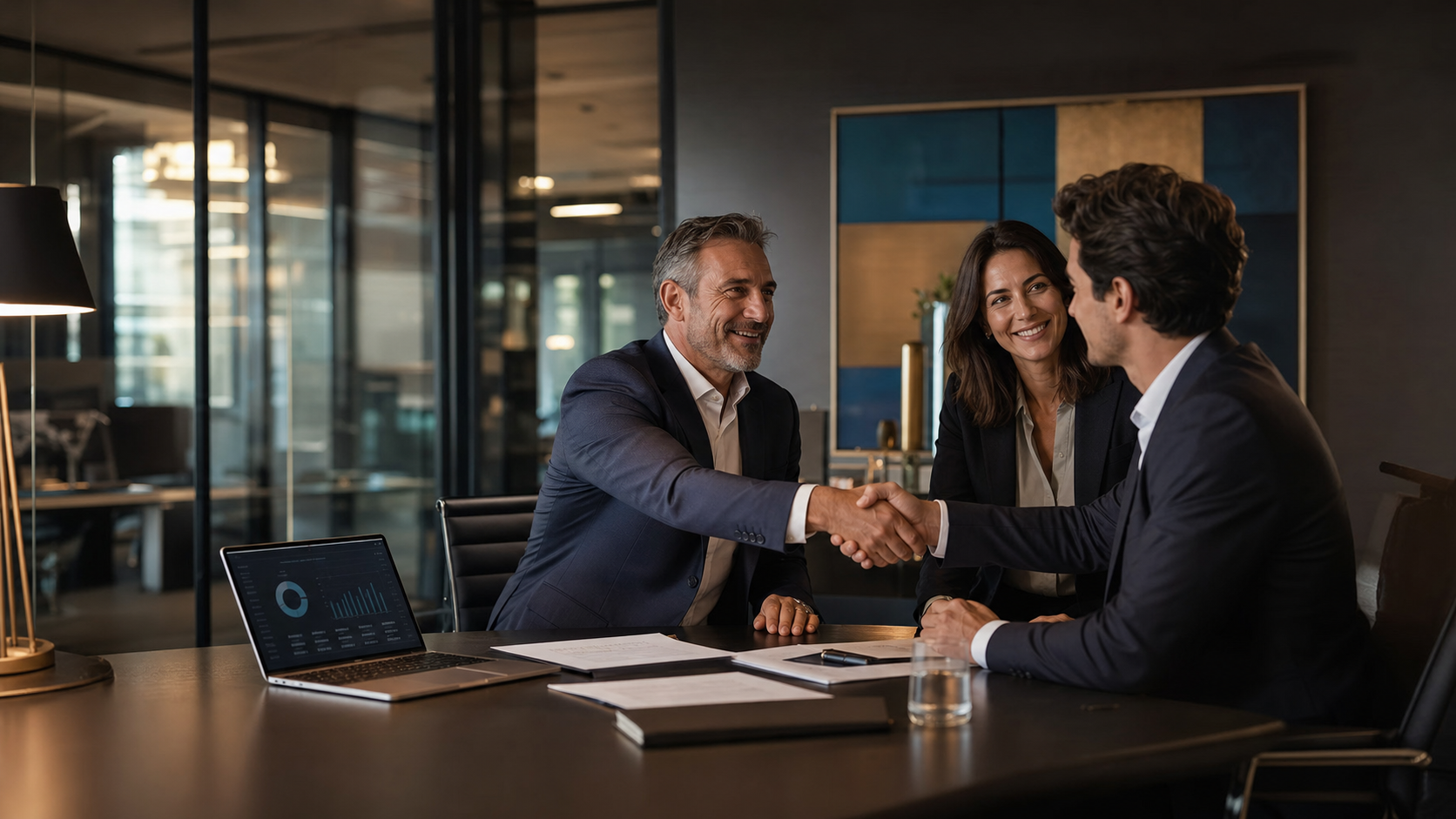 Equipo empresarial revisando decisiones en una oficina